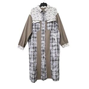 POL Long Button Down Wildflower Road Duster Patchwork Boho-Chic Olive Multi S